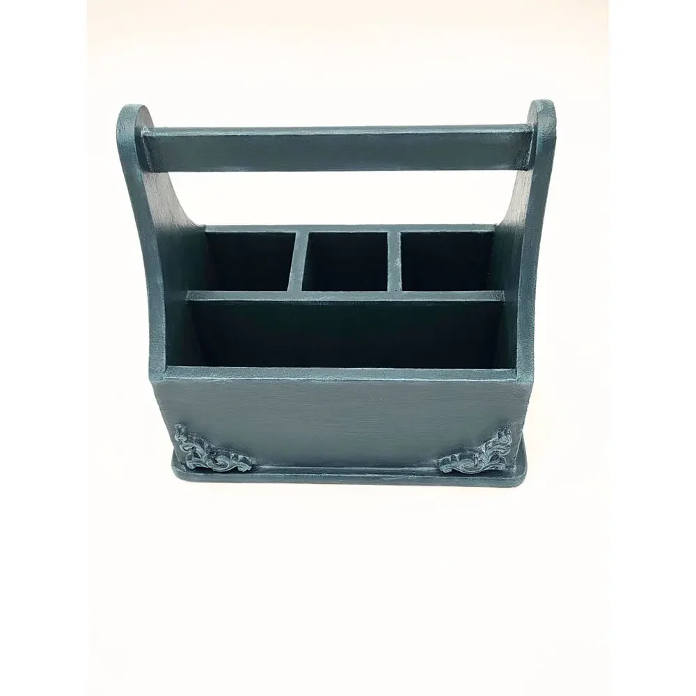 Rustic Teal Wooden Organizer Caddy – Multi‑Slot Desk Storage